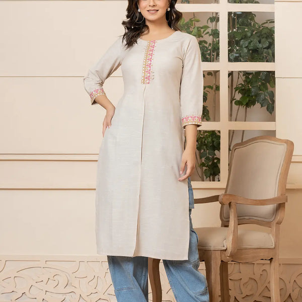 Yufta Linen Beige Embroidery Straight Kurta - Distacart