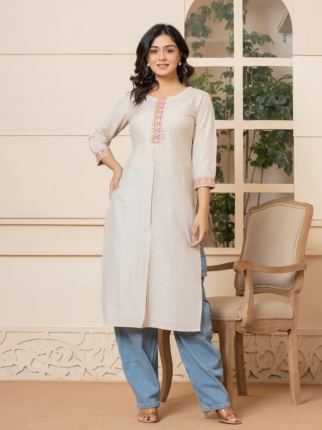 Yufta Linen Beige Embroidery Straight Kurta - Distacart