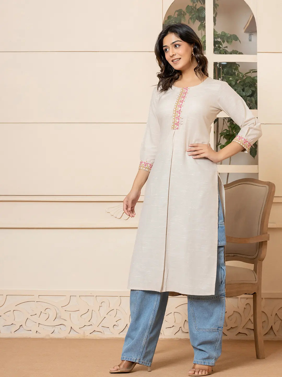 Yufta Linen Beige Embroidery Straight Kurta - Distacart