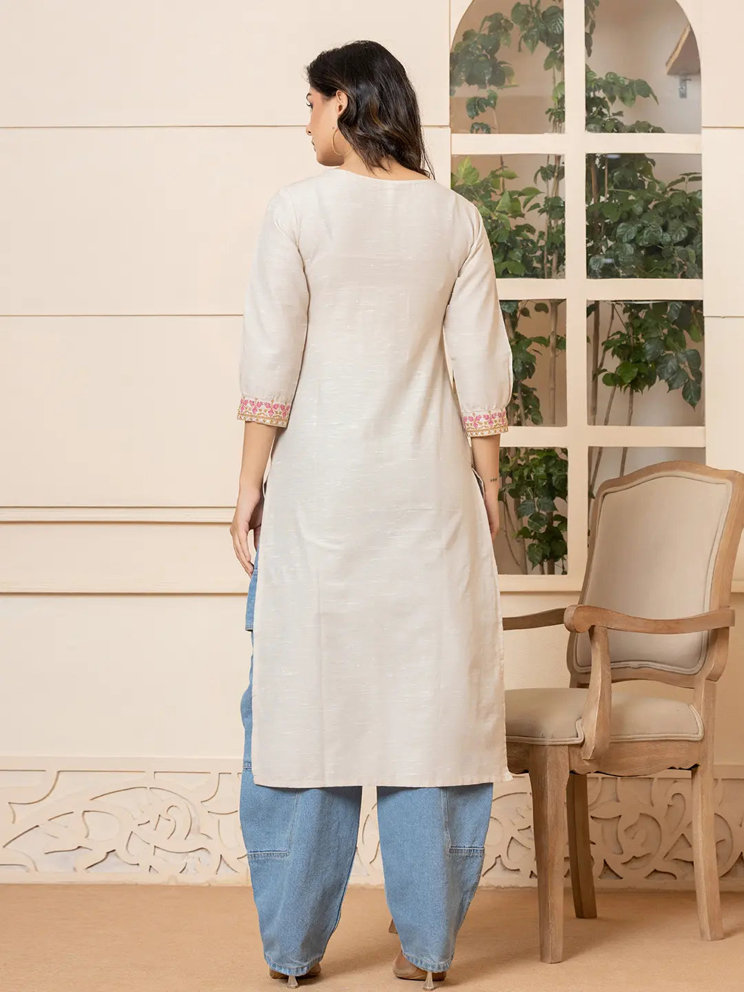 Yufta Linen Beige Embroidery Straight Kurta