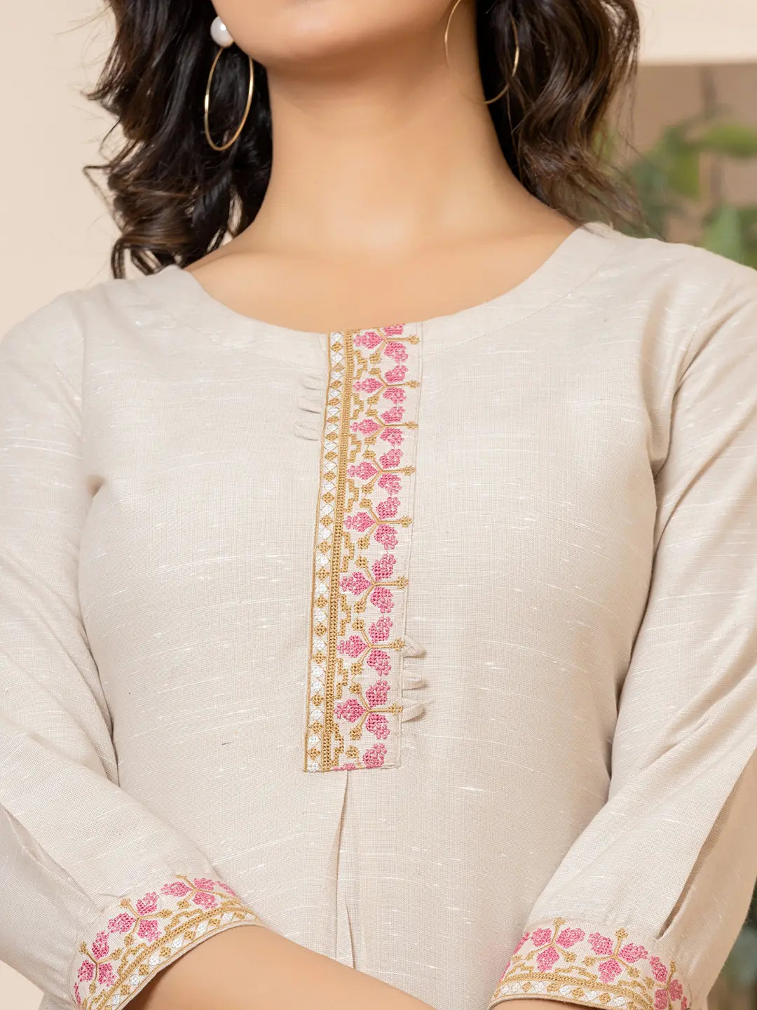Yufta Linen Beige Embroidery Straight Kurta
