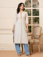 Thumbnail for Yufta Linen Beige Embroidery Straight Kurta