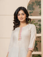 Thumbnail for Yufta Linen Beige Embroidery Straight Kurta
