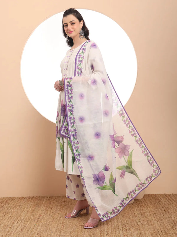 Yufta Linen Cotton White Anarkali Kurta Dupatta Pant Set