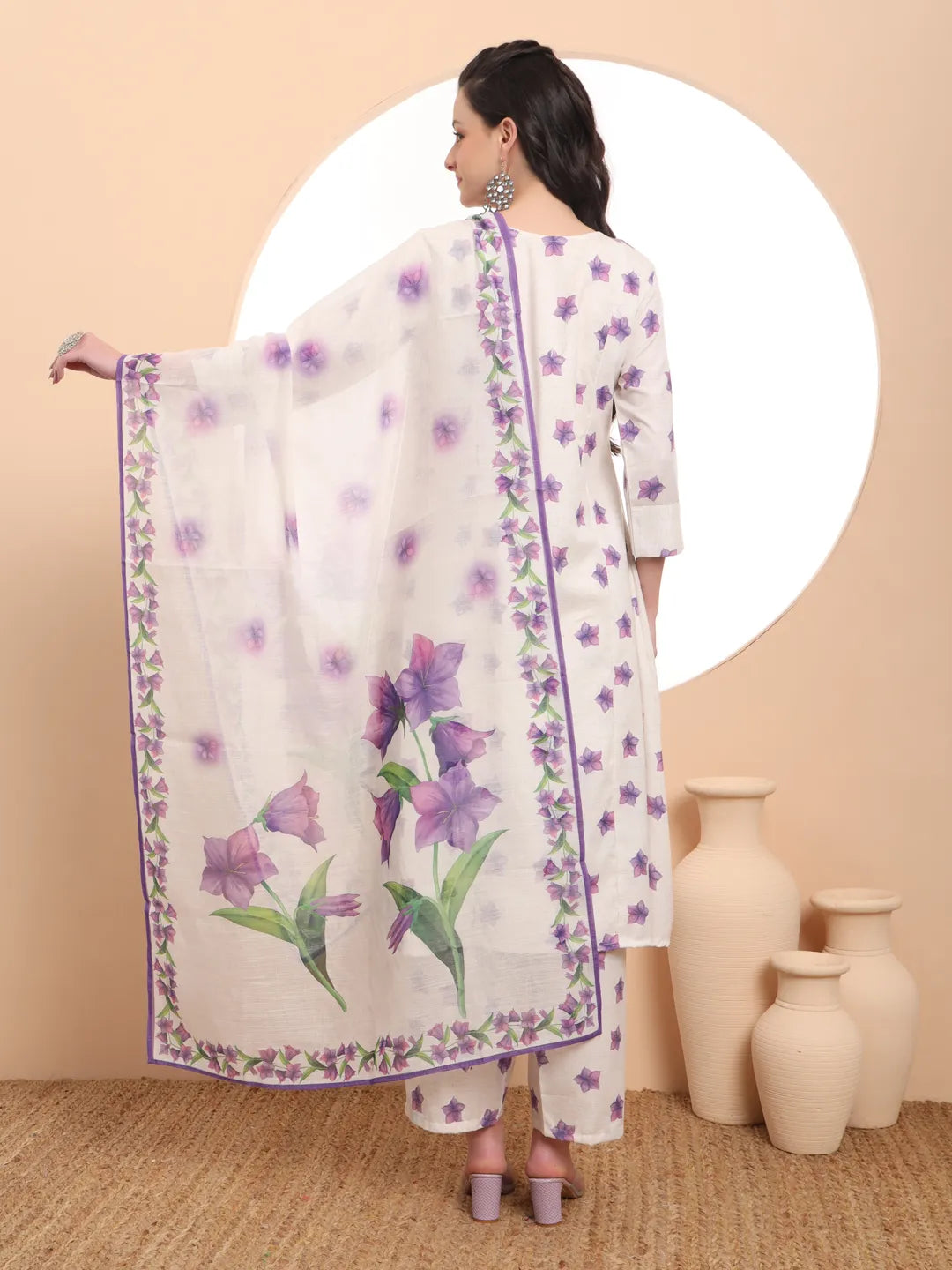 Yufta Linen Cotton White Anarkali Kurta Dupatta Pant Set