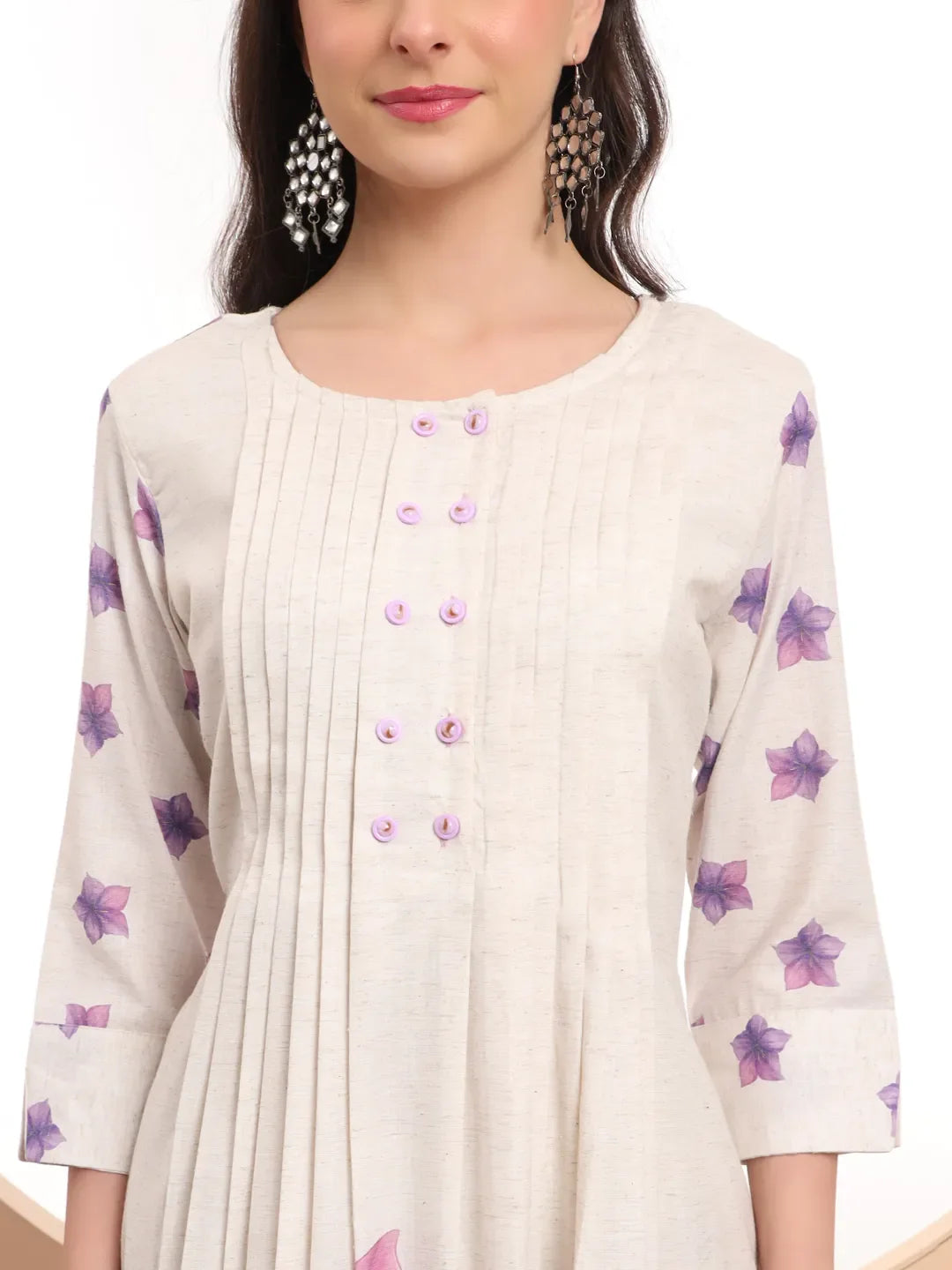 Yufta Linen Cotton White Anarkali Kurta Dupatta Pant Set
