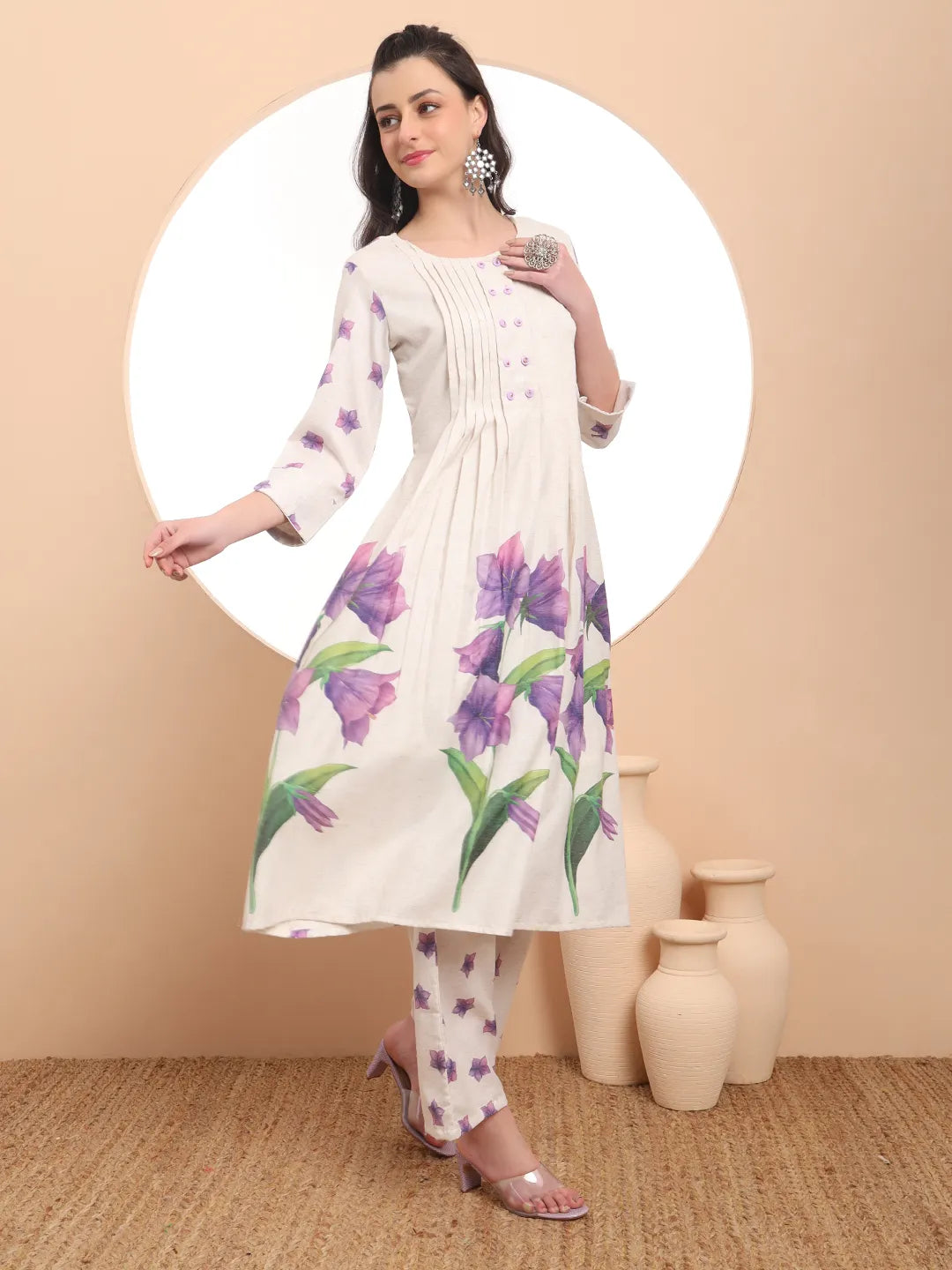 Yufta Linen Cotton White Anarkali Kurta Dupatta Pant Set