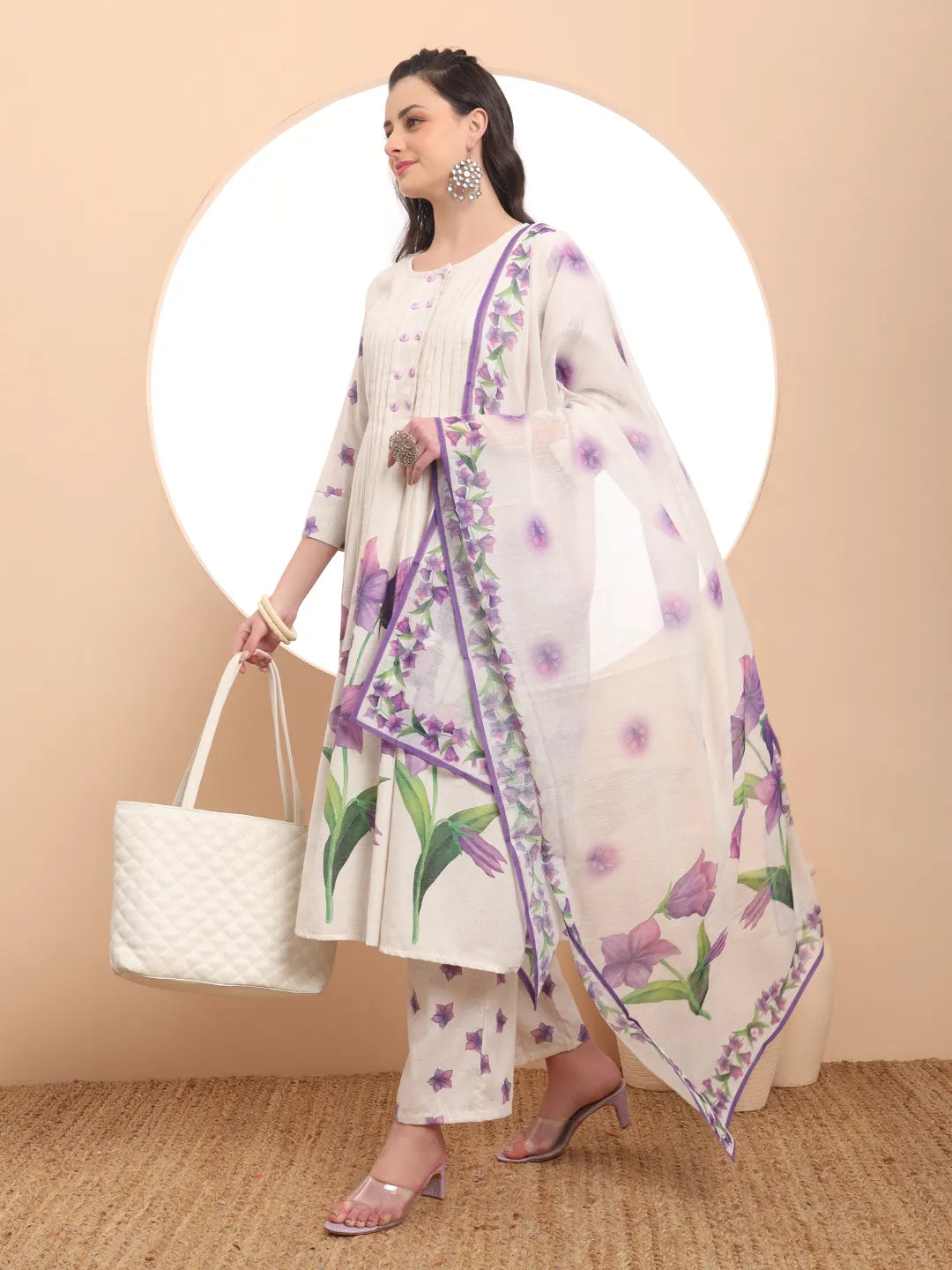 Yufta Linen Cotton White Anarkali Kurta Dupatta Pant Set