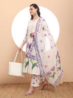 Thumbnail for Yufta Linen Cotton White Anarkali Kurta Dupatta Pant Set