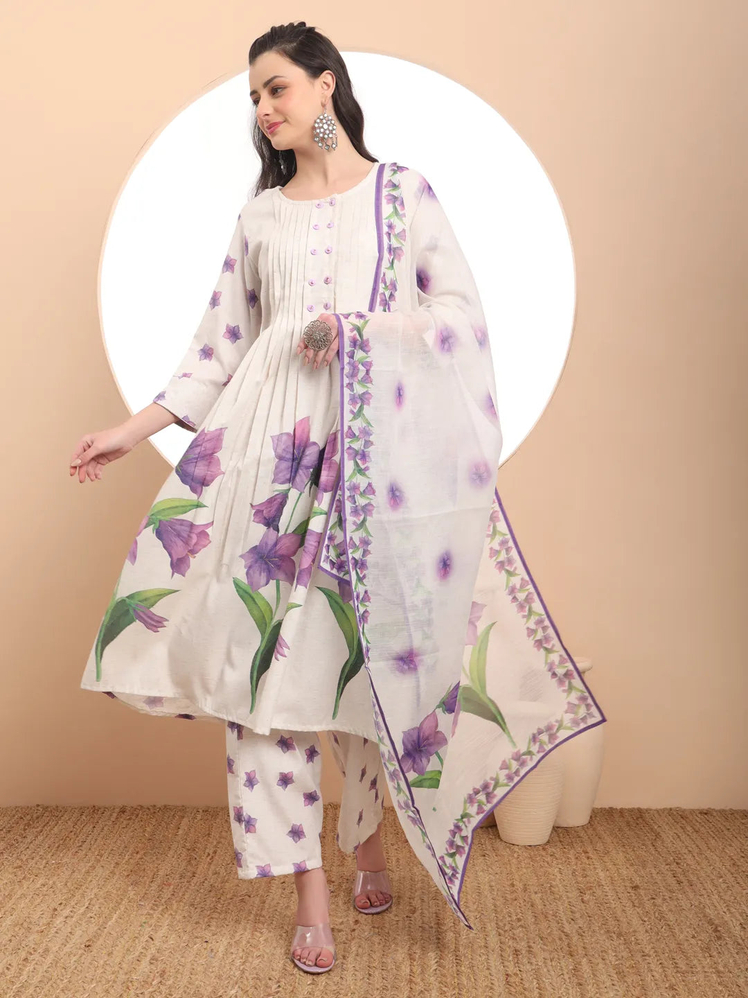 Yufta Linen Cotton White Anarkali Kurta Dupatta Pant Set