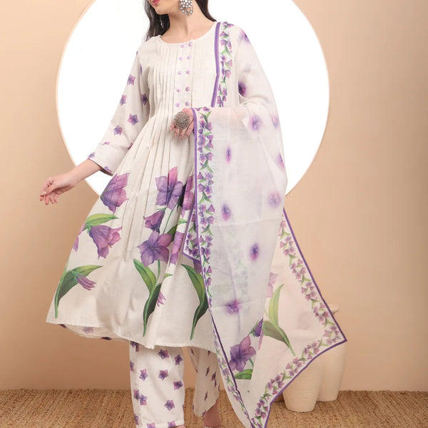 Yufta Linen Cotton White Anarkali Kurta Dupatta Pant Set - Distacart
