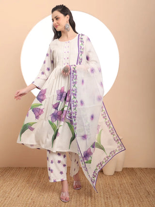Yufta Linen Cotton White Anarkali Kurta Dupatta Pant Set - Distacart