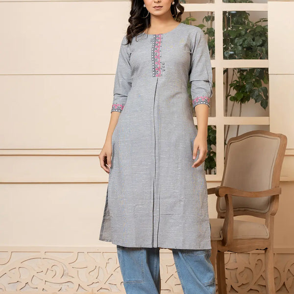 Yufta Linen Grey Embroidery Straight Kurta - Distacart