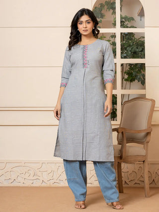 Yufta Linen Grey Embroidery Straight Kurta - Distacart