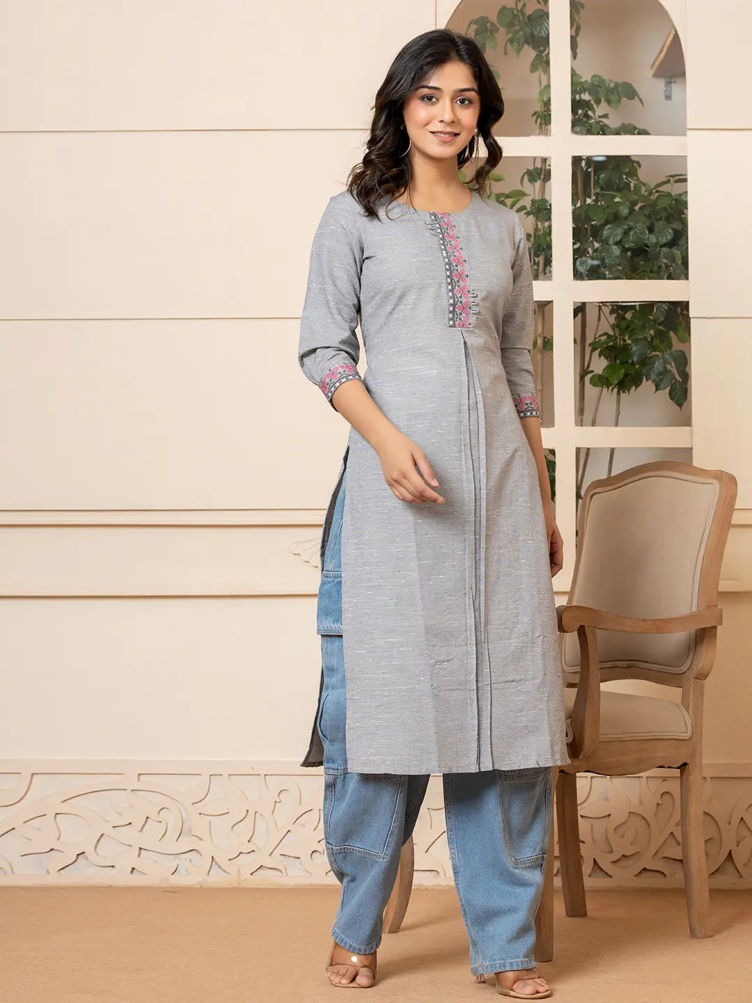 Yufta Linen Grey Embroidery Straight Kurta - Distacart