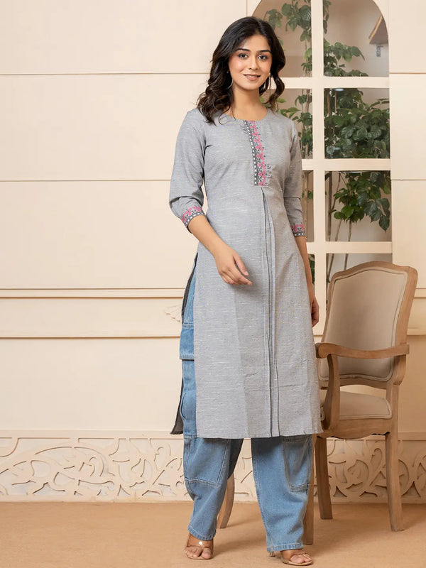 Yufta Linen Grey Embroidery Straight Kurta