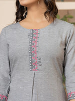 Thumbnail for Yufta Linen Grey Embroidery Straight Kurta