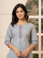 Thumbnail for Yufta Linen Grey Embroidery Straight Kurta