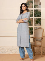 Thumbnail for Yufta Linen Grey Embroidery Straight Kurta