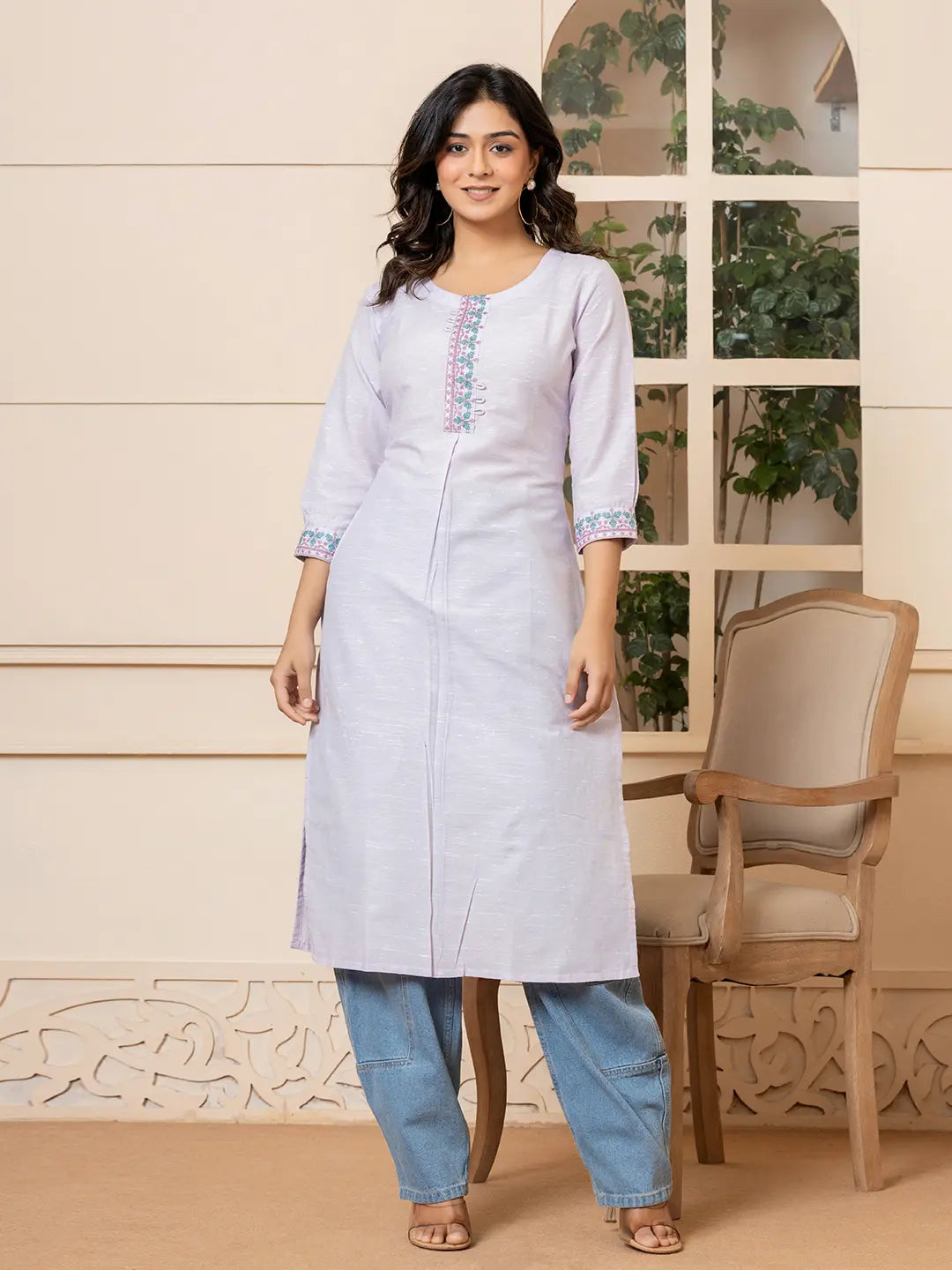 Yufta Linen Lavender Embroidery Straight Kurta - Distacart