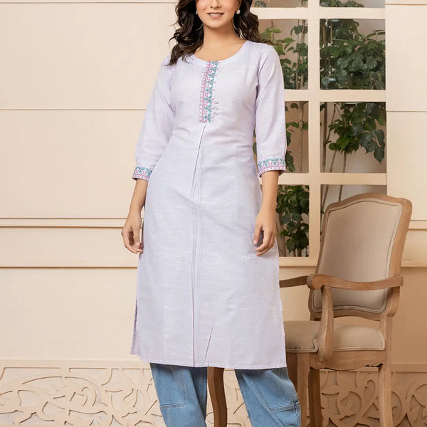Yufta Linen Lavender Embroidery Straight Kurta - Distacart