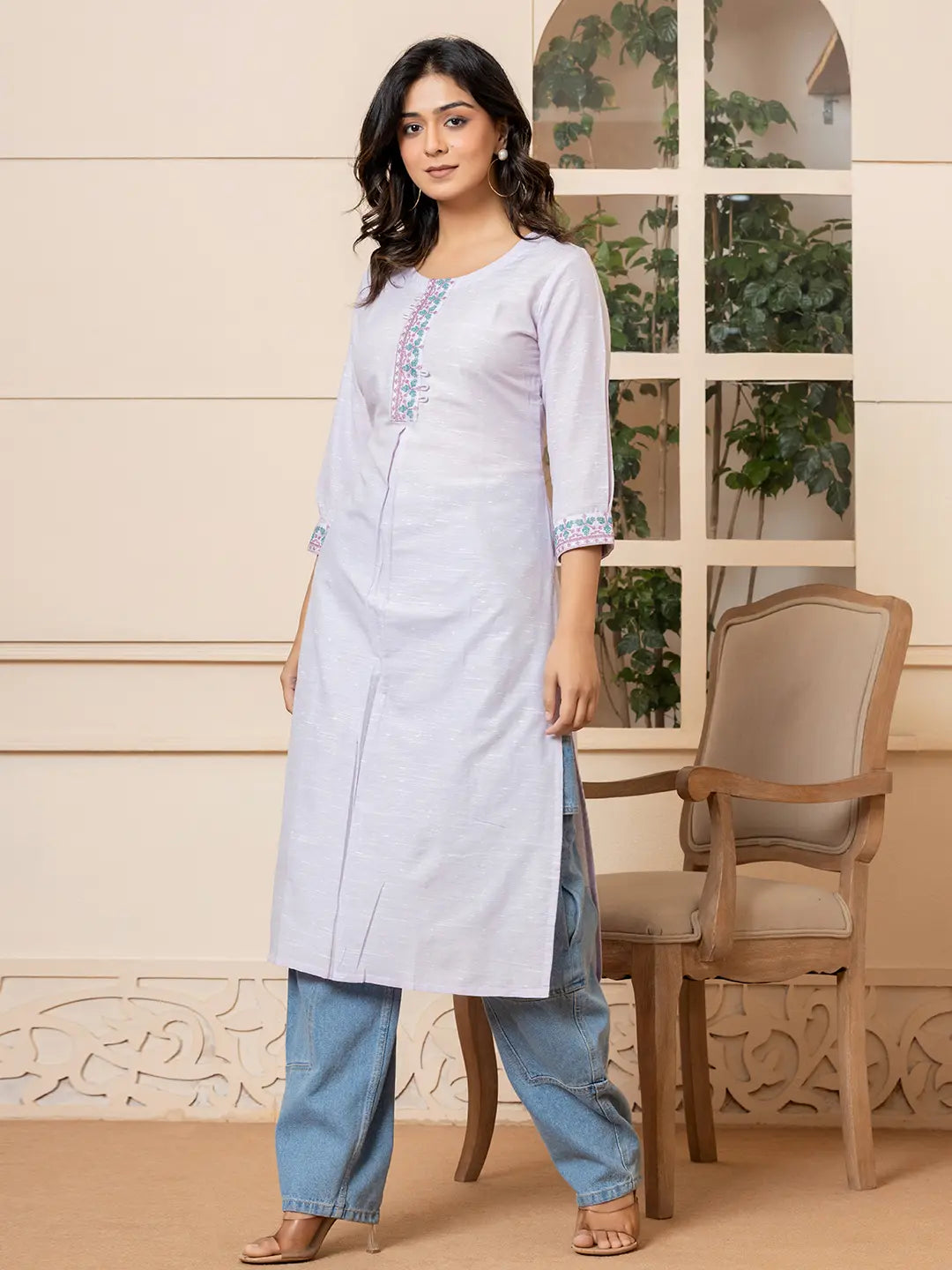 Yufta Linen Lavender Embroidery Straight Kurta - Distacart