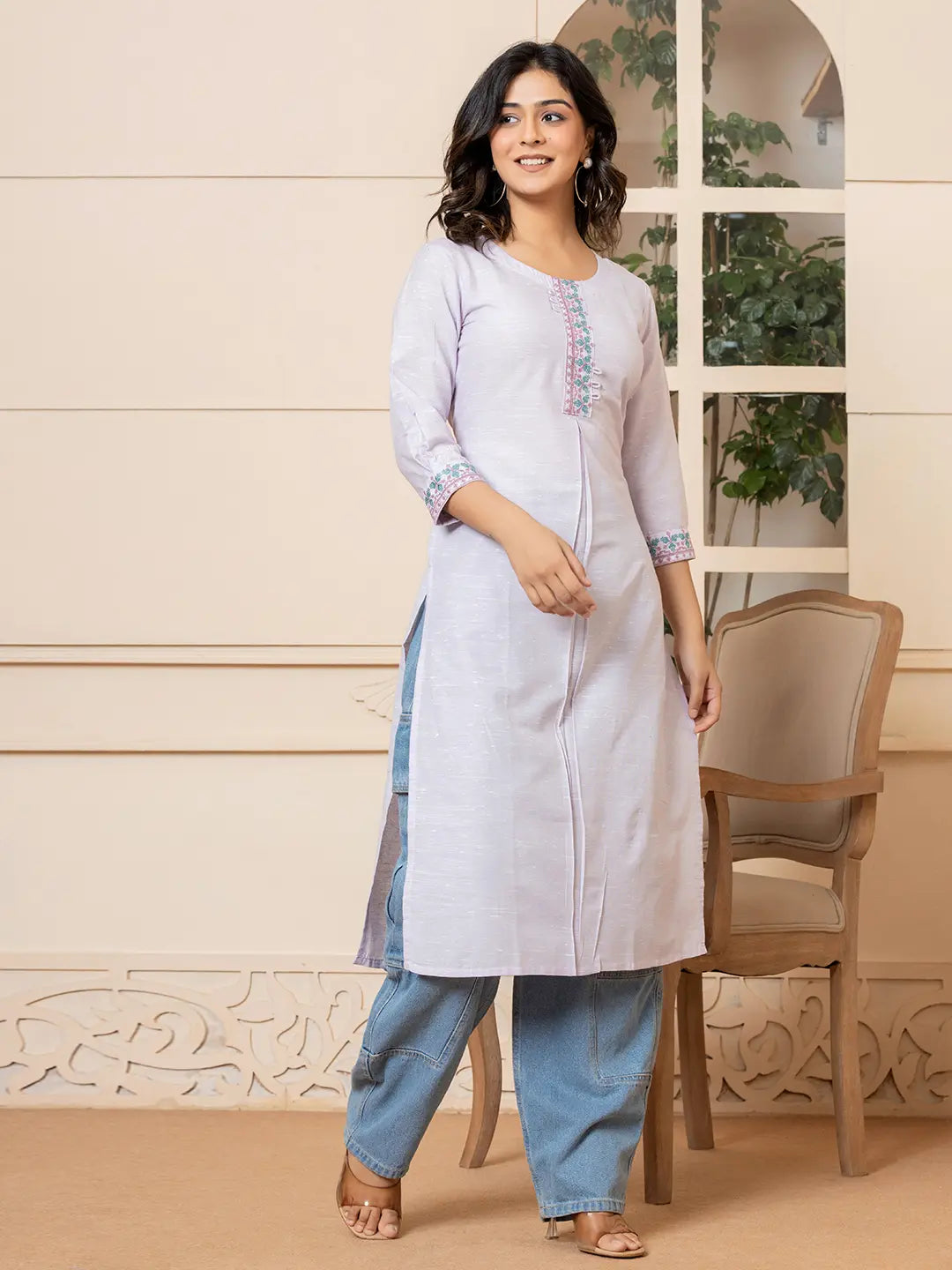 Yufta Linen Lavender Embroidery Straight Kurta