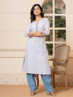 Thumbnail for Yufta Linen Lavender Embroidery Straight Kurta