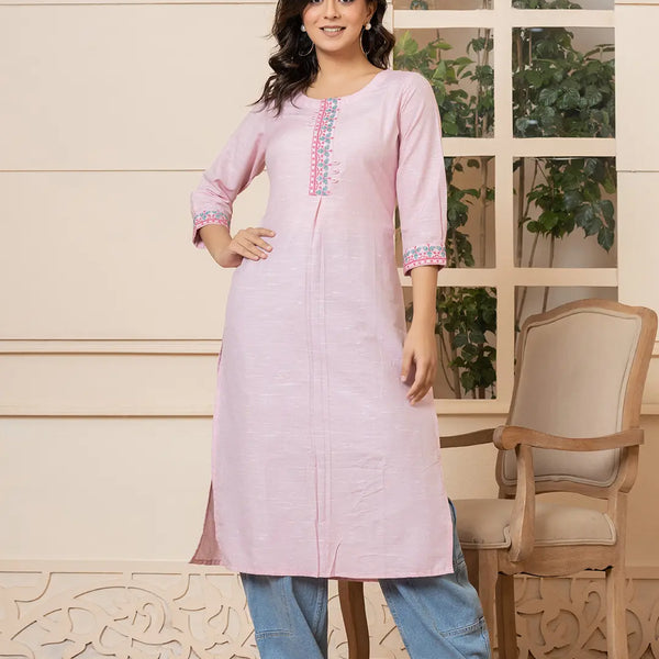 Yufta Linen Pink Embroidery Straight Kurta - Distacart