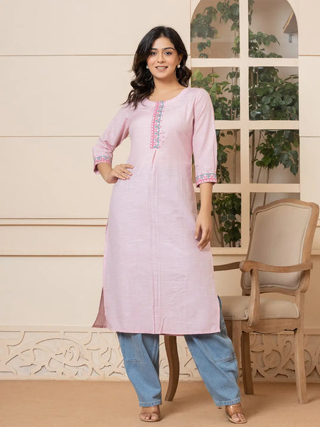 Yufta Linen Pink Embroidery Straight Kurta