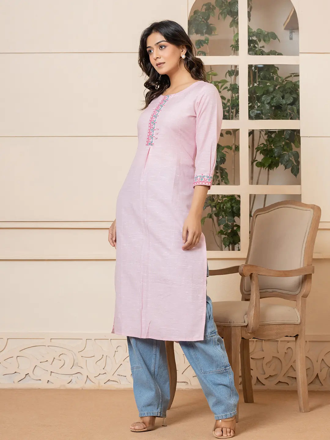 Yufta Linen Pink Embroidery Straight Kurta - Distacart