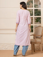 Thumbnail for Yufta Linen Pink Embroidery Straight Kurta