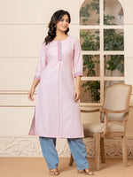 Thumbnail for Yufta Linen Pink Embroidery Straight Kurta