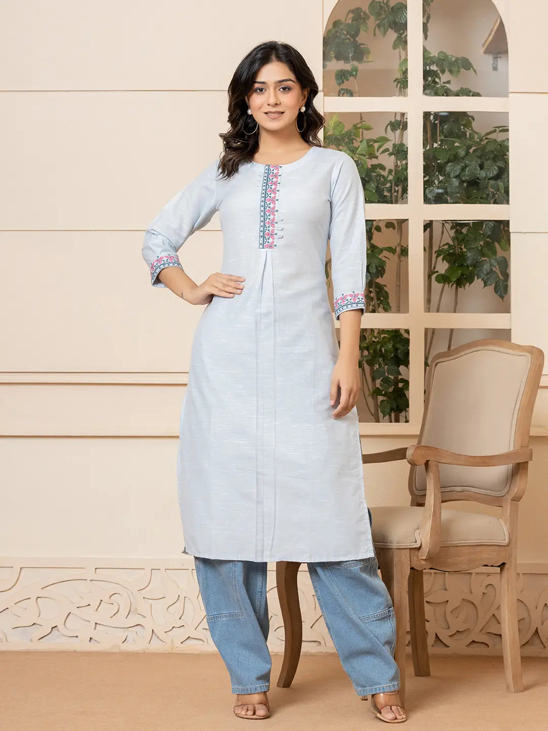 Yufta Linen Sky Blue Embroidery Straight Kurta - Distacart