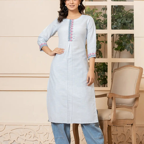 Yufta Linen Sky Blue Embroidery Straight Kurta - Distacart