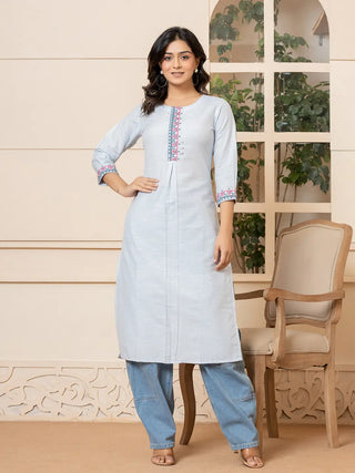 Yufta Linen Sky Blue Embroidery Straight Kurta
