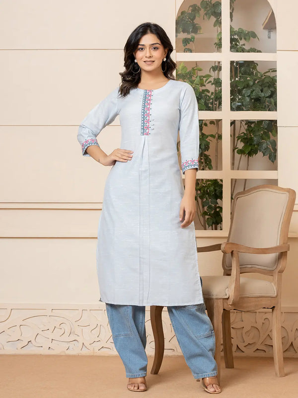 Yufta Linen Sky Blue Embroidery Straight Kurta