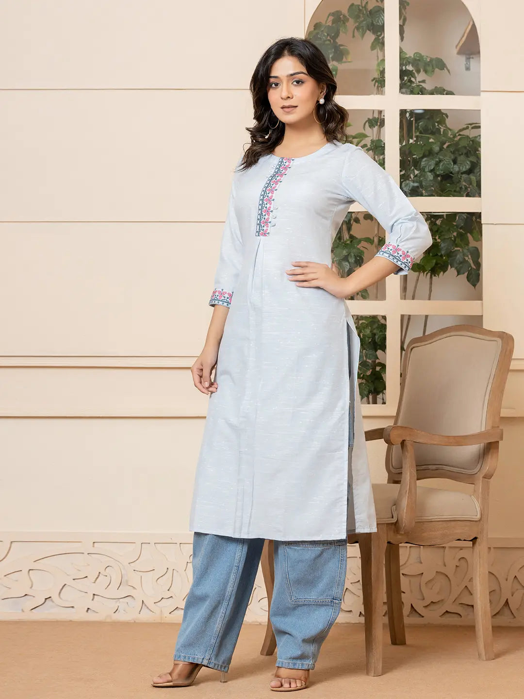Yufta Linen Sky Blue Embroidery Straight Kurta - Distacart