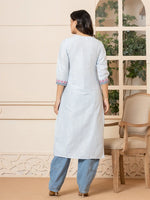 Thumbnail for Yufta Linen Sky Blue Embroidery Straight Kurta