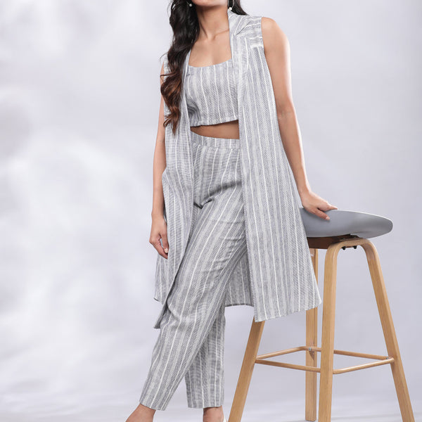 BohoJazz Striped Linen Three Piece Co-ord Set - Blue & White