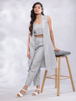 Thumbnail for BohoJazz Striped Linen Three Piece Co-ord Set - Blue & White