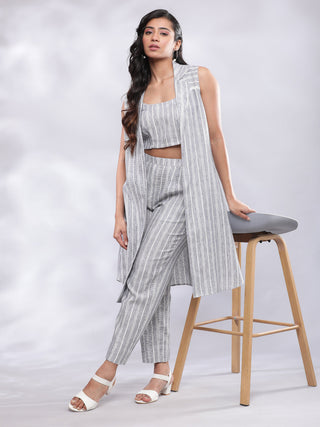 BohoJazz Striped Linen Three Piece Co-ord Set - Blue & White