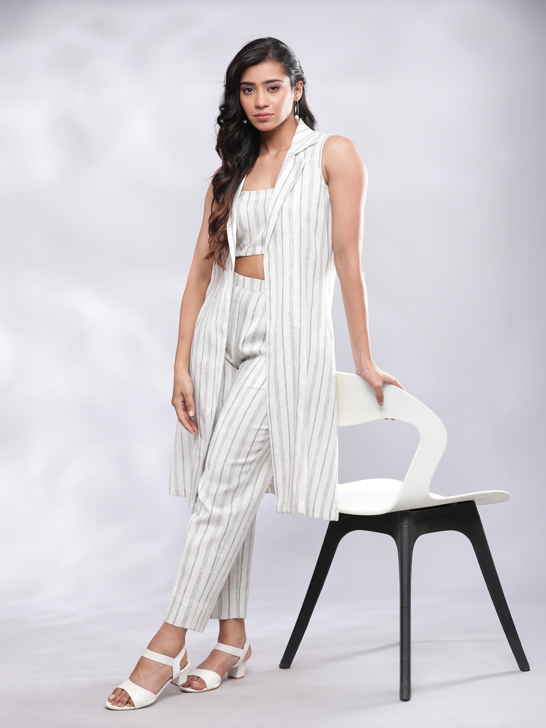 BohoJazz Striped Linen Three Piece Co-ord Set - White & Blue