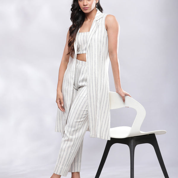 BohoJazz Striped Linen Three Piece Co-ord Set - White & Blue