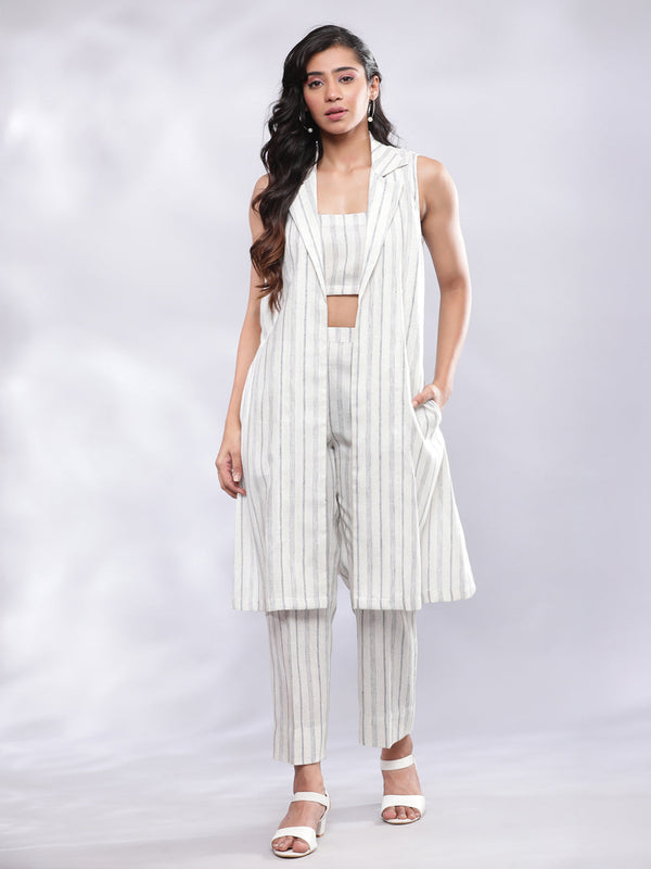 BohoJazz Striped Linen Three Piece Co-ord Set - White & Blue