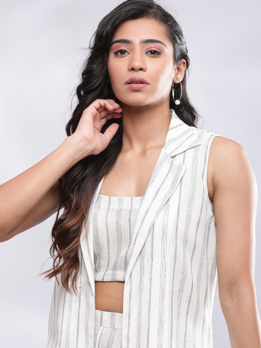 BohoJazz Striped Linen Three Piece Co-ord Set - White & Blue