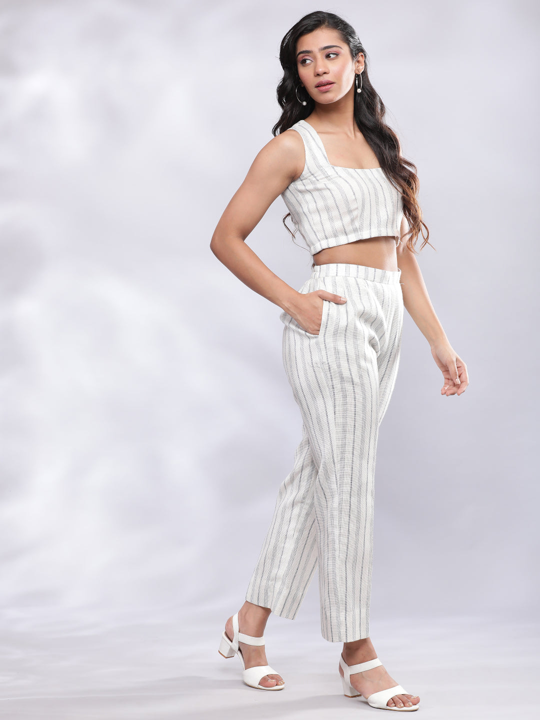 BohoJazz Striped Linen Three Piece Co-ord Set - White & Blue