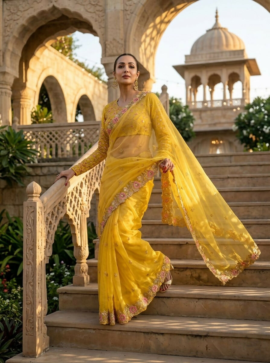 Teeya Creation New Womens Latest Party Wear Soft Chiffon Silk Saree-Yellow - Dista