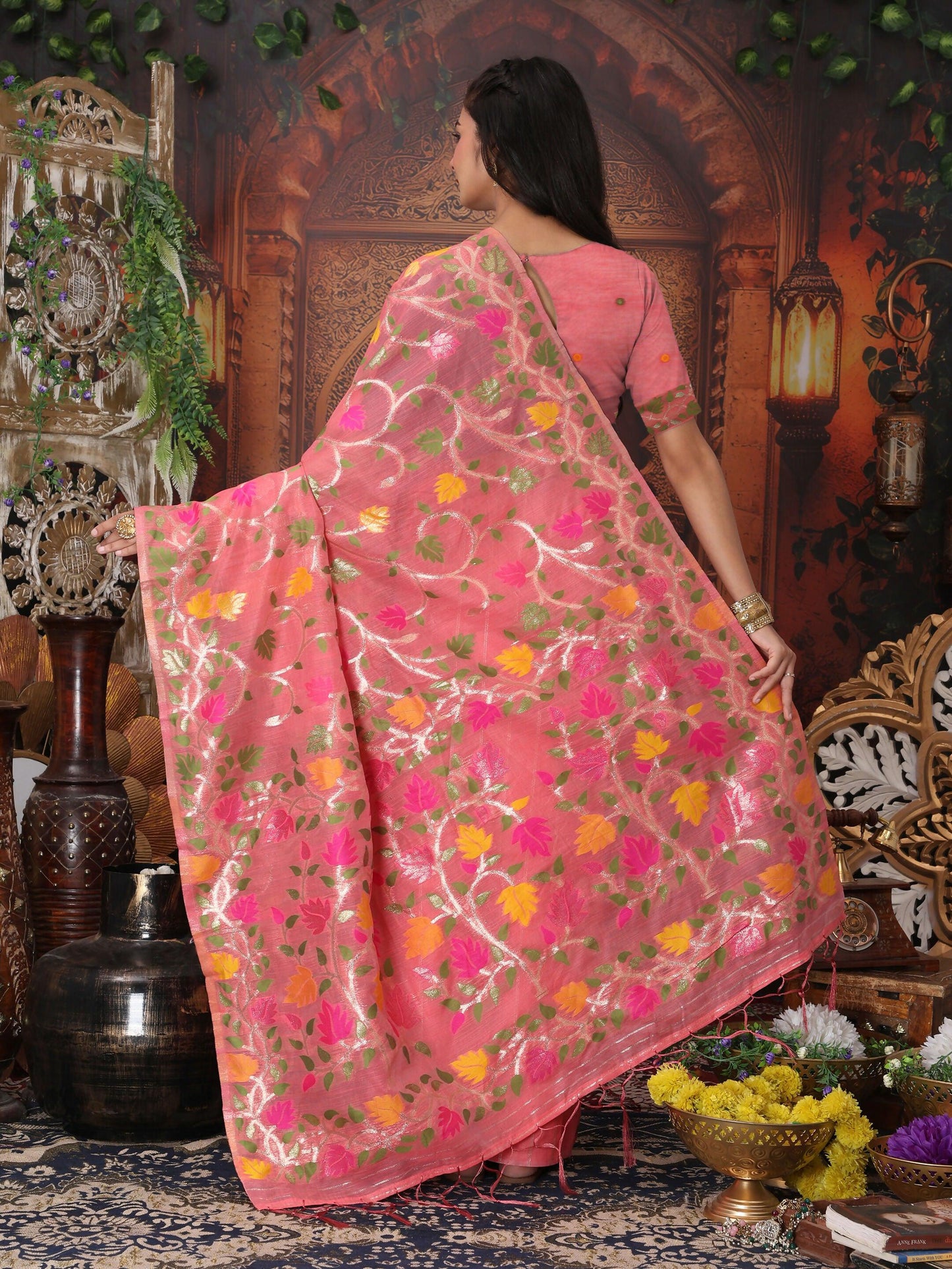 Shree Shyam Fashion Linen Cotton Pink Saree - Distacart