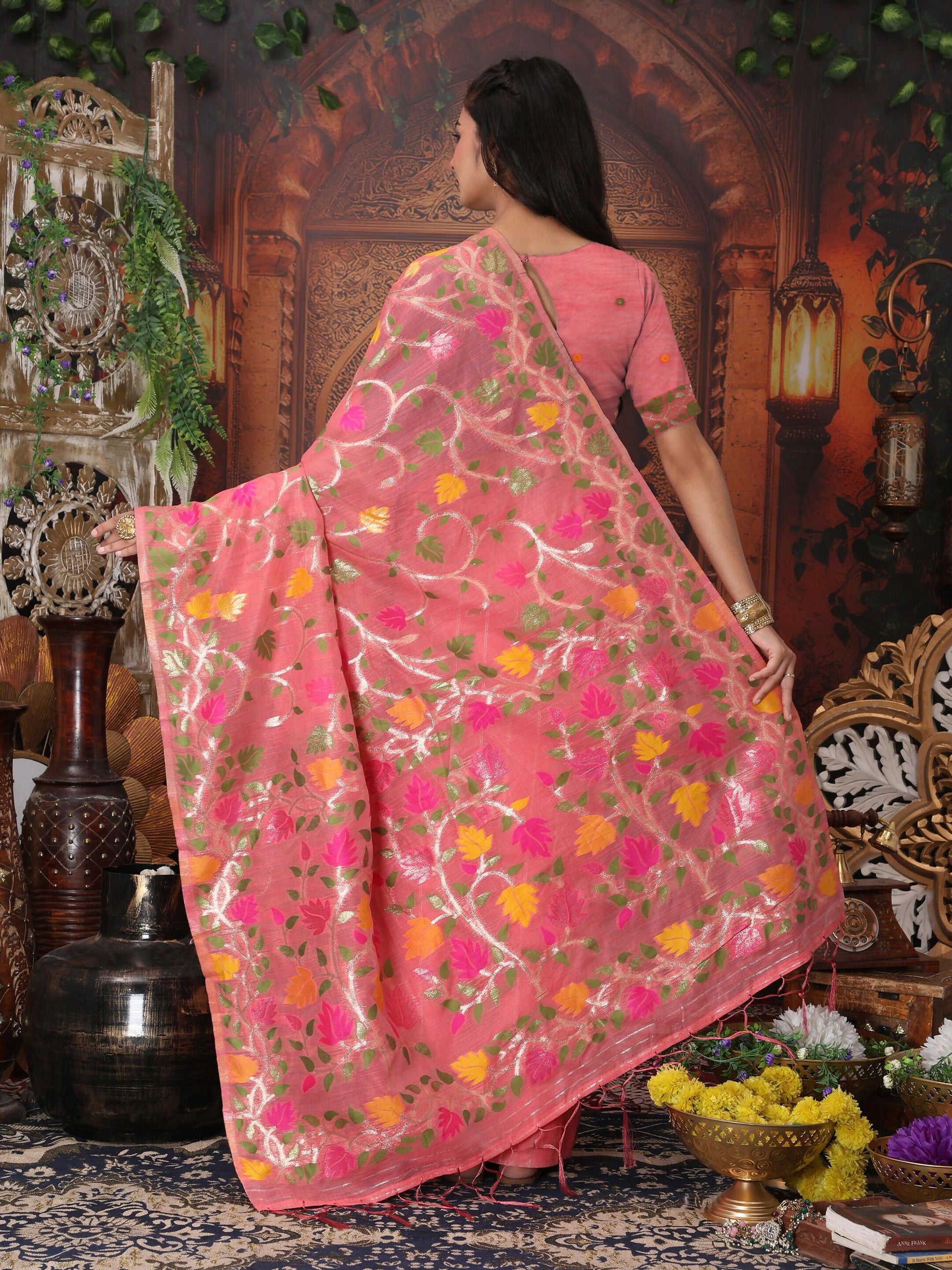 Shree Shyam Fashion Linen Cotton Pink Saree - Distacart
